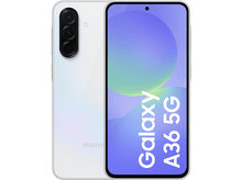 Charger l&#39;image dans la galerie, Téléphone blanc Samsung Galaxy A36 5G sur fond noir, montrant l&#39;écran et l&#39;arrière.
