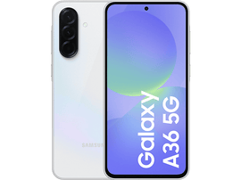Téléphone blanc Samsung Galaxy A36 5G sur fond noir, montrant l