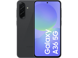 Téléphone gris foncé Samsung Galaxy A36 5G sur fond noir, montrant l