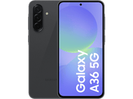 Téléphone gris foncé Samsung Galaxy A36 5G sur fond noir, montrant l'écran et l'arrière.