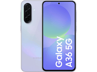 Téléphone Samsung Galaxy A36 5G violet clair, vue avant et arrière. Fond noir.