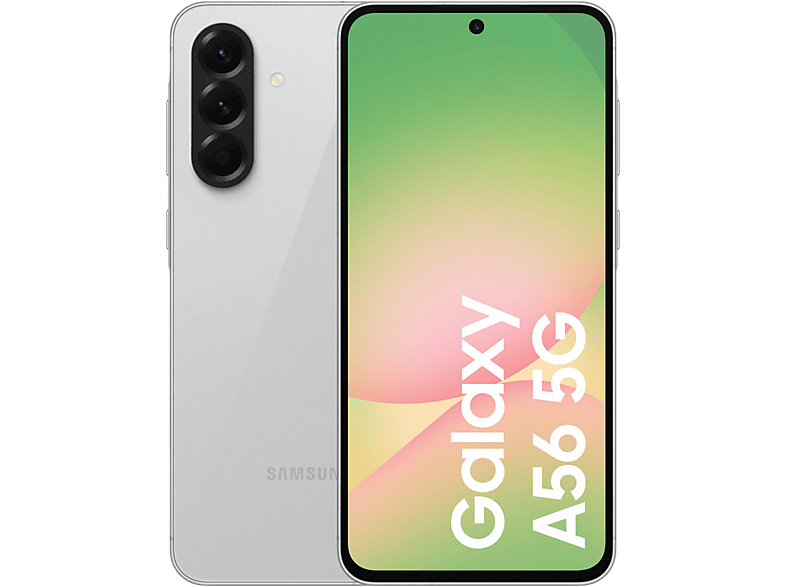Téléphone Samsung Galaxy A56 5G, dos blanc et écran avant affichant un graphique rose et vert, sur fond noir.