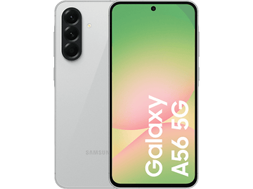 Téléphone Samsung Galaxy A56 5G, dos blanc et écran avant affichant un graphique rose et vert, sur fond noir.