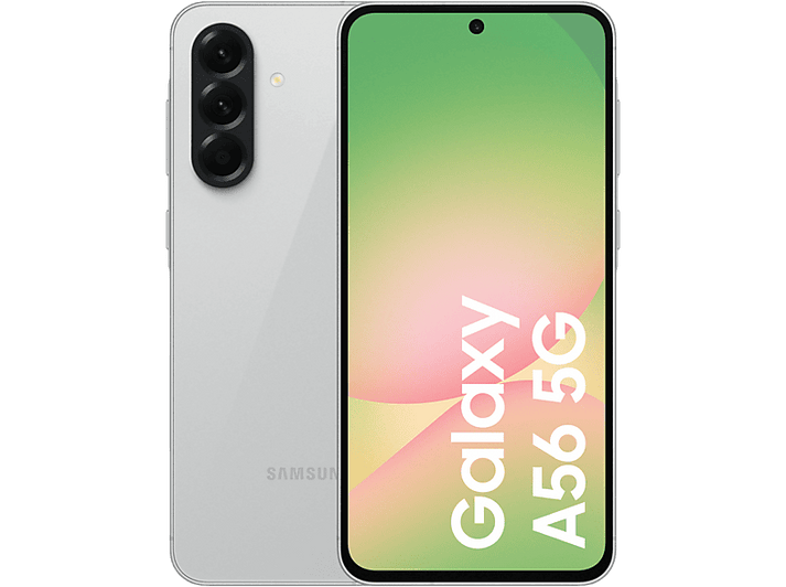 Téléphone Samsung Galaxy A56 5G, dos blanc et écran avant affichant un graphique rose et vert, sur fond noir.