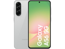 Téléphone Samsung Galaxy A56 5G, dos blanc et écran avant affichant un graphique rose et vert, sur fond noir.