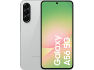 Téléphone Samsung Galaxy A56 5G, dos blanc et écran avant affichant un graphique rose et vert, sur fond noir.