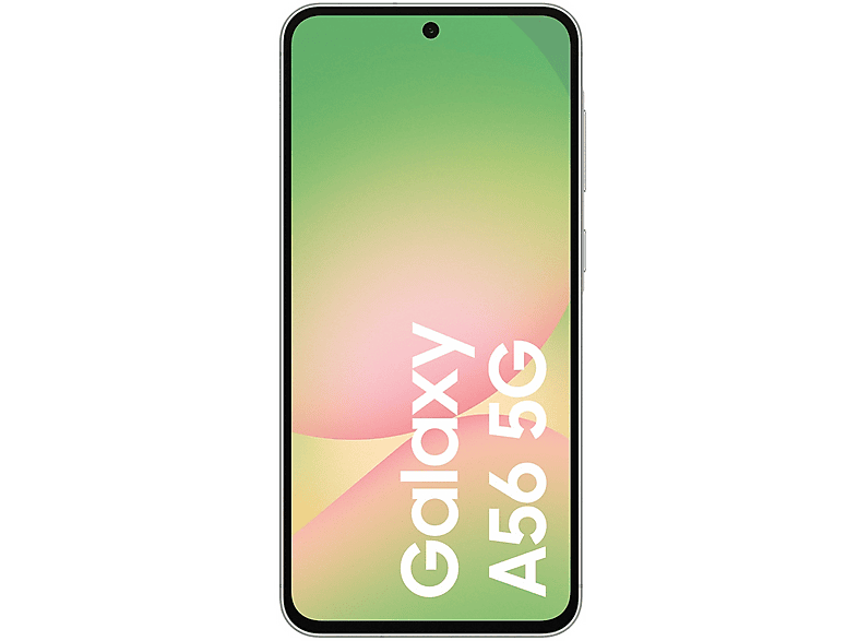 Smartphone avec écran vert clair et jaune, affichant 'Galaxy A56 5G' en texte blanc.