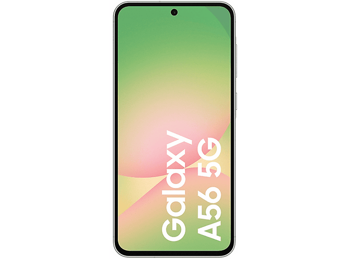 Smartphone avec écran vert clair et jaune, affichant 'Galaxy A56 5G' en texte blanc.