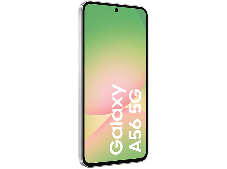 Un téléphone blanc Samsung Galaxy A56 5G est montré de face. L'écran a un dégradé et du texte.