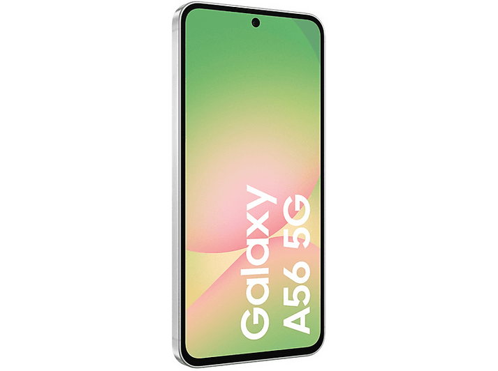 Un téléphone blanc Samsung Galaxy A56 5G est montré de face. L'écran a un dégradé et du texte.
