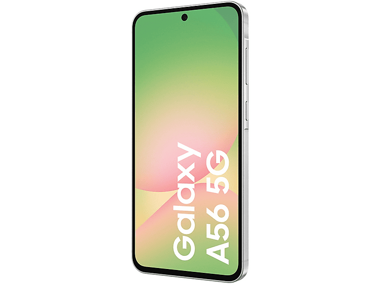 Téléphone argenté avec écran dégradé vert et jaune, fond blanc.