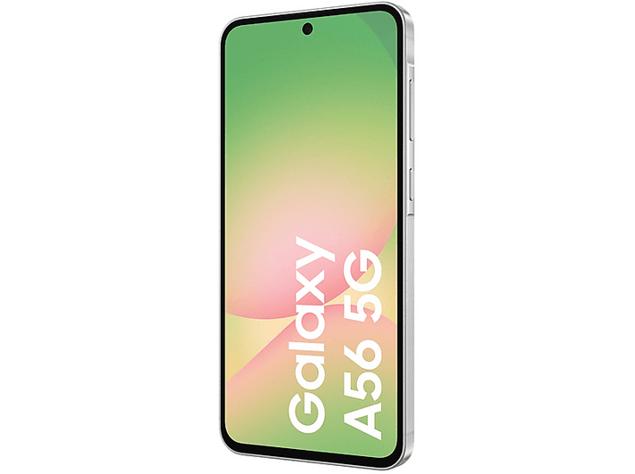 Téléphone argenté avec écran dégradé vert et jaune, fond blanc.