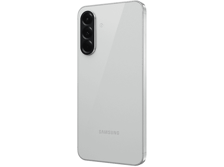 Smartphone blanc, triple caméra, logo Samsung, fond blanc.