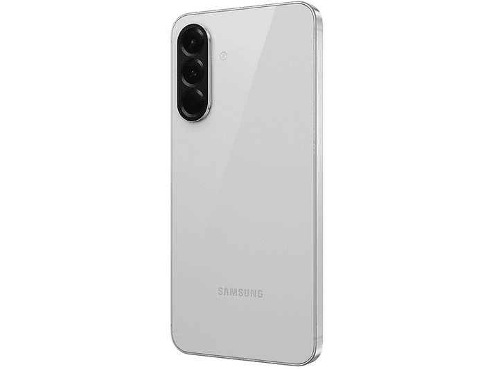Smartphone blanc, triple caméra, logo Samsung, fond blanc.