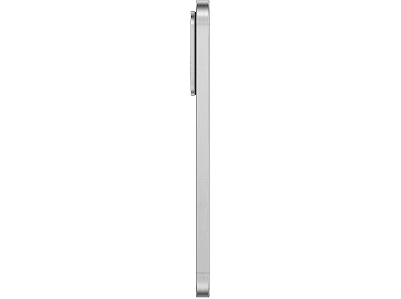 Un téléphone argenté, vue latérale. Le téléphone a une caméra.