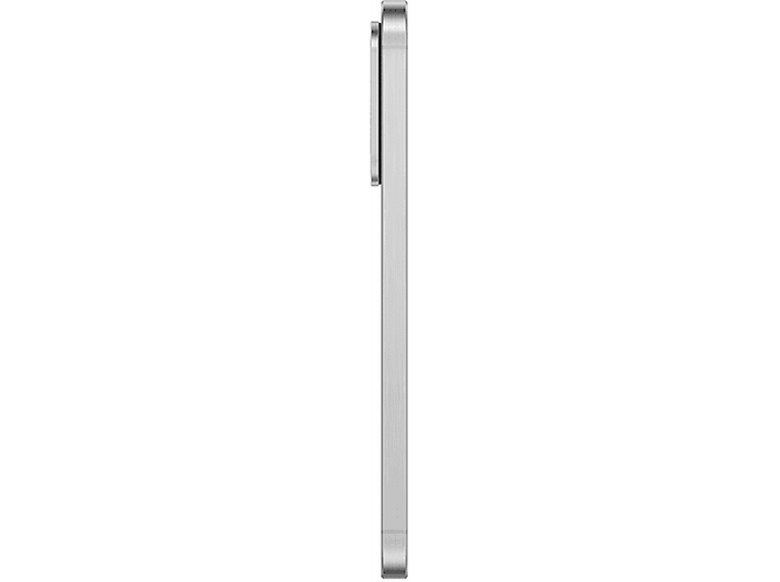 Un téléphone argenté, vue latérale. Le téléphone a une caméra.