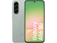 Téléphone Samsung Galaxy A56 5G noir, vue avant et arrière. Fond noir. Écran avec dégradé.