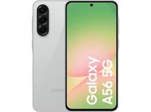 Charger l&#39;image dans la galerie, Smartphone argent Samsung Galaxy A56 5G, vue avant et arrière, fond noir.
