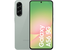 Charger l&#39;image dans la galerie, Téléphone Samsung Galaxy A56 5G, vue arrière et avant. Dos vert et écran vert avec texte blanc.
