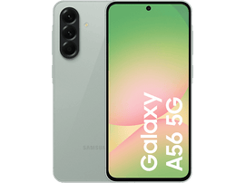 Téléphone Samsung Galaxy A56 5G, vue arrière et avant. Dos vert et écran vert avec texte blanc.