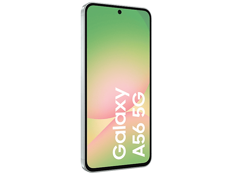 Un smartphone blanc et argenté. L'écran affiche 'Galaxy A56 5G'. Fond blanc.