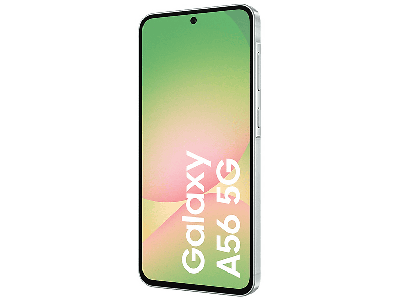 Un téléphone vert de profil, affichant le logo Galaxy A56 5G sur l'écran.