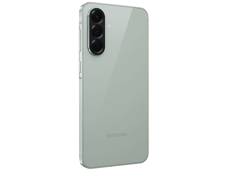 Un téléphone Samsung vert clair est montré en biais. Il a trois caméras.
