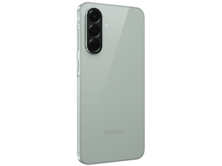 Un téléphone Samsung vert clair est montré en biais. Il a trois caméras.