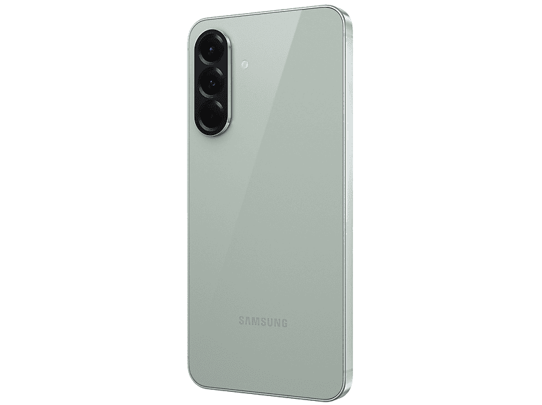 Smartphone vert avec trois caméras, vu de dos sur fond blanc.