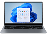 Un ordinateur portable affiche le menu Démarrer de Windows 11. Il est argenté avec clavier noir.