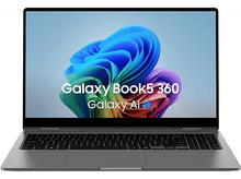 Charger l&#39;image dans la galerie, Un ordinateur portable argenté avec un écran affichant des tourbillons colorés et &#39;Galaxy Book5 360&#39;.
