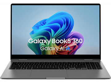 Un ordinateur portable argenté avec un écran affichant des tourbillons colorés et 'Galaxy Book5 360'.