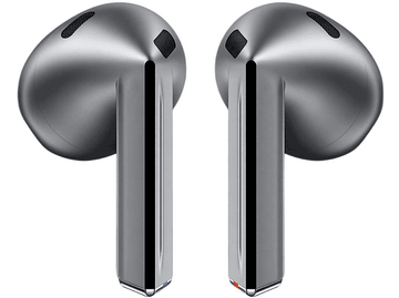 Deux écouteurs argentés sur fond blanc. Ils sont séparés.