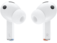 Deux écouteurs sans fil blancs. Chacun a une étiquette 'L' ou 'R' et un accent rouge/bleu sur la tige.