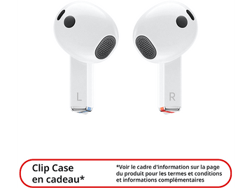 Deux écouteurs blancs avec les marquages 'L' et 'R'. Le texte indique 'Clip Case en cadeau'.