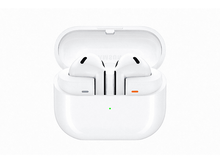 Charger l'image dans la galerie, Un étui de chargement blanc avec deux écouteurs à l'intérieur. L'étui a une lumière verte.
