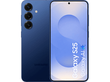 Charger l&#39;image dans la galerie, Smartphone bleu avec trois caméras arrière. L&#39;écran affiche Galaxy S25.
