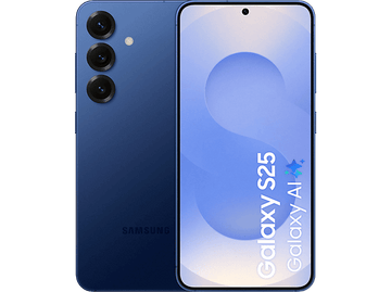 Smartphone bleu avec trois caméras arrière. L'écran affiche Galaxy S25.