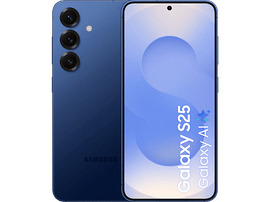 Téléphone bleu avec caméras et écran affichant Galaxy S25 et Galaxy AI.