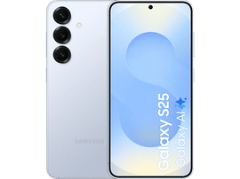 Un téléphone Samsung Galaxy S25 avec son dos et son devant. Comprend trois caméras.