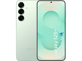 Un téléphone vert menthe affiche son écran avec le texte Galaxy S25+.