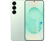 Un téléphone vert menthe affiche son écran avec le texte Galaxy S25+.