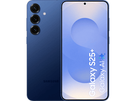 Téléphone bleu, vues arrière et avant. Arrière avec trois caméras. Écran : Galaxy S25+ et IA.