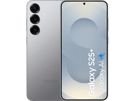 Téléphone argenté Samsung Galaxy S25+, trois caméras arrière, écran affichant 'Galaxy S25+' et 'Galaxy AI' sur fond noir.