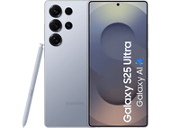 Téléphone bleu avec stylet, trois caméras, écran affiche 'Galaxy S25 Ultra Galaxy AI' sur noir.