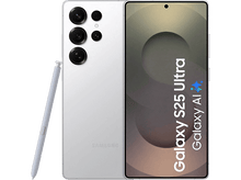 Charger l'image dans la galerie, Smartphone Samsung Galaxy S25 Ultra blanc avec trois caméras. Stylet à gauche. Sur fond noir.
