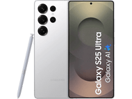 Samsung Galaxy S25 Ultra blanc avec stylo sur fond noir.