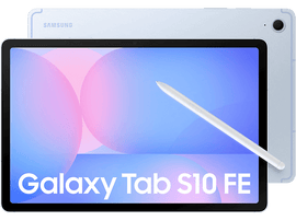 Une tablette et un stylo Samsung. La tablette est bleu clair avec un écran tactile. Le stylo est blanc.