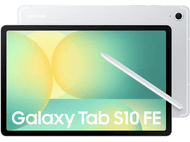 Une tablette blanche Samsung Galaxy Tab S10 FE est présentée. La tablette est sur une surface blanche, avec un stylet sur l'écran.