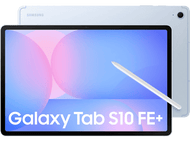 Tablette Samsung Galaxy Tab S10 FE+, avec un stylet. Blanc avec des accents bleus. L'écran affiche une image.